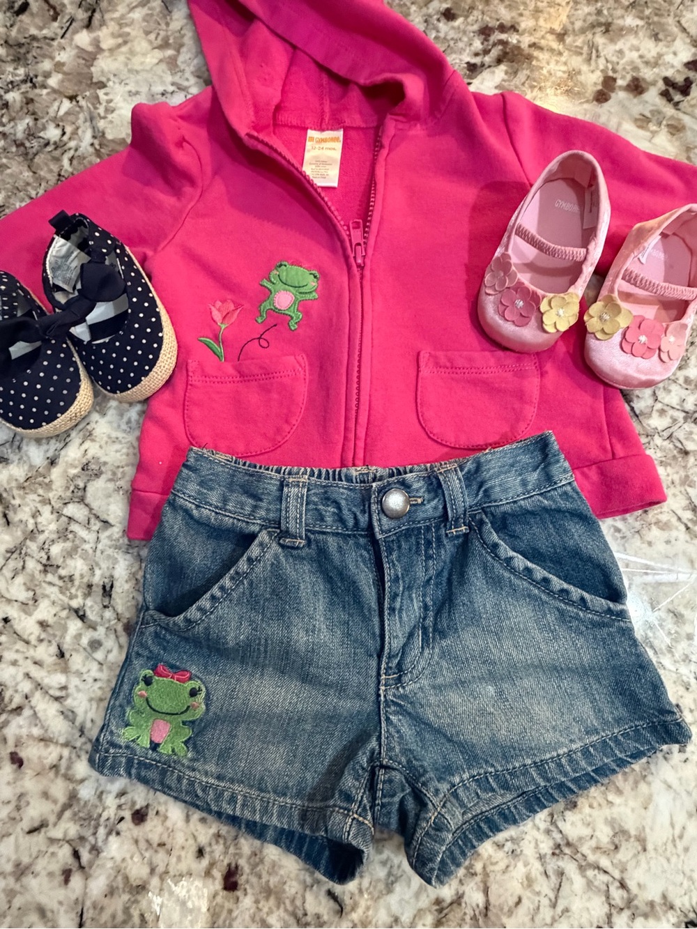 Gymboree Outfit 12-18 Frog Embroidery Hot Pink Hoodie Denim Shorts Set Shoes x2